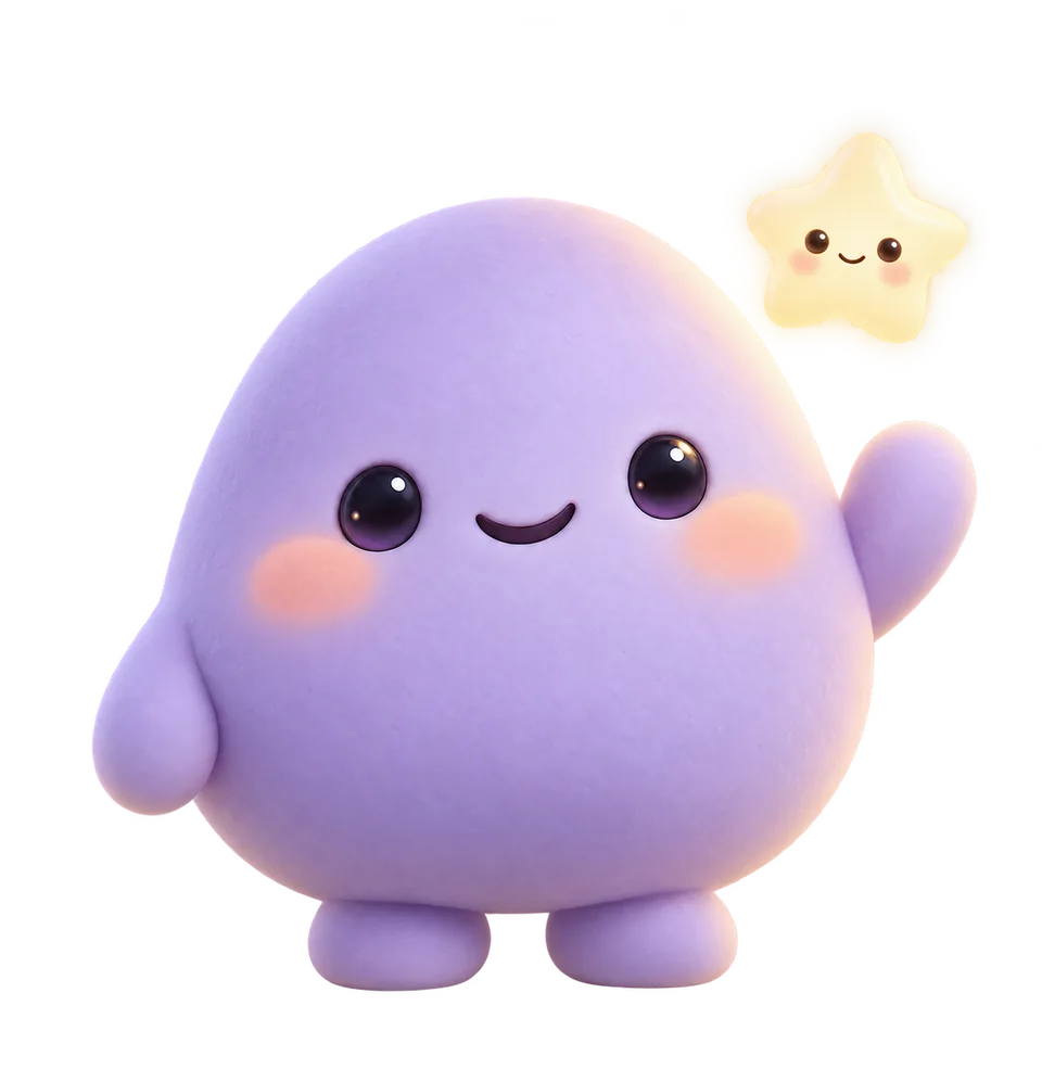 Rolux, a happy lavender character waving beside a little yellow star