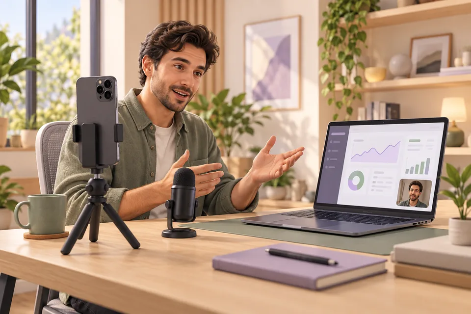 Illustration of a creator explaining a software dashboard using a phone camera and desk microphone