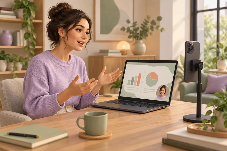Illustration of a presenter recording her slide deck with a phone beside her laptop and her face in the corner