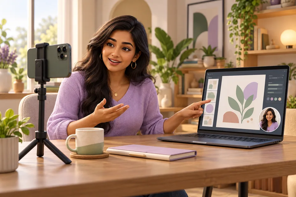 Illustration of an educator recording a design tutorial with her phone and a face overlay on her laptop