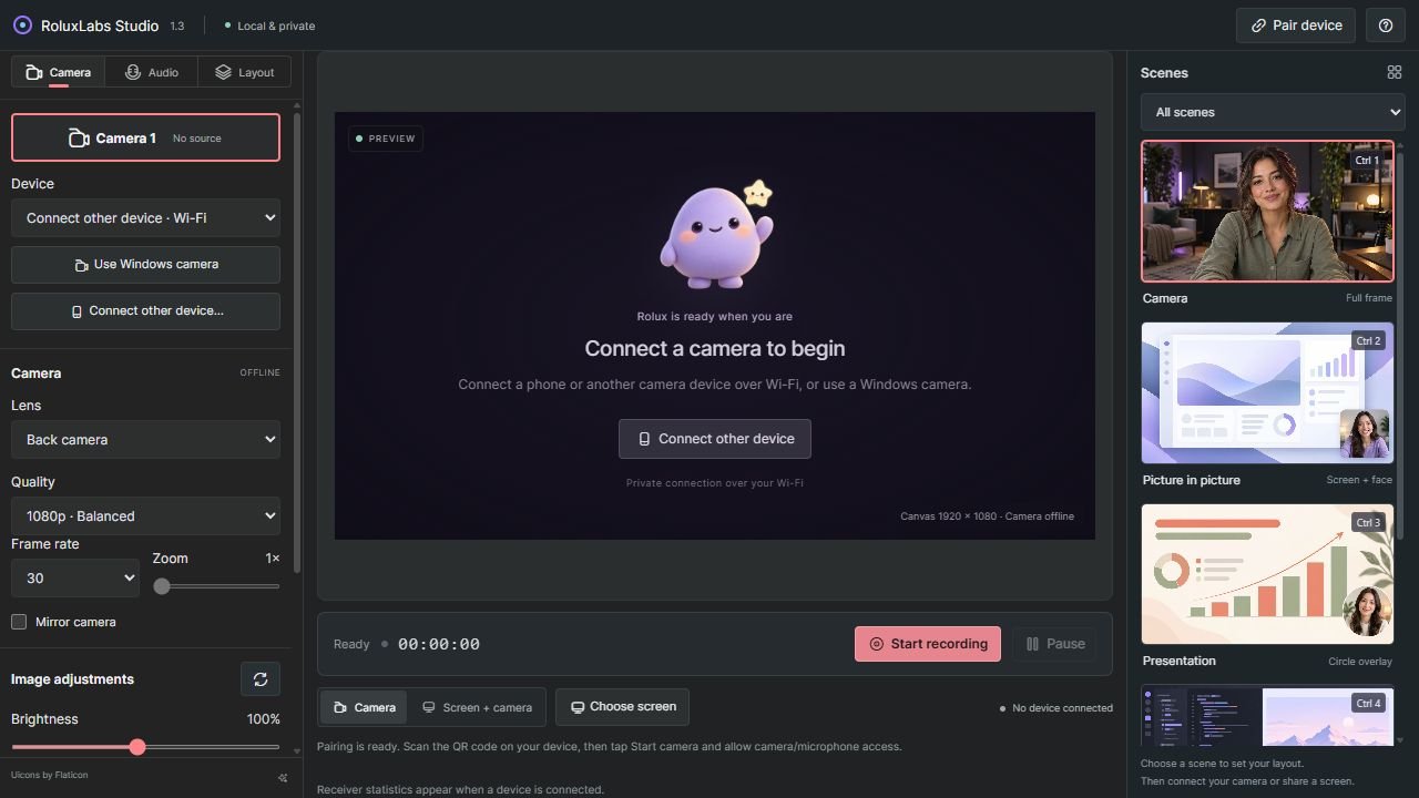 RoluxLabs studio with camera controls, a large preview, recording controls, and scene layouts